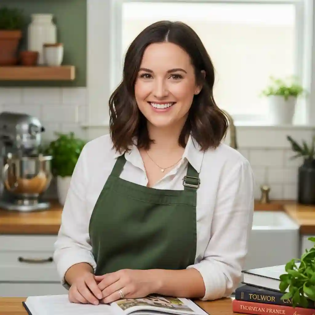 Smiling female food blogger wearing a green apron in a bright home kitchen, standing behind a cookbook and fresh herbs