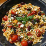 Mediterranean orzo salad with cherry tomatoes olives feta cheese and fresh basil