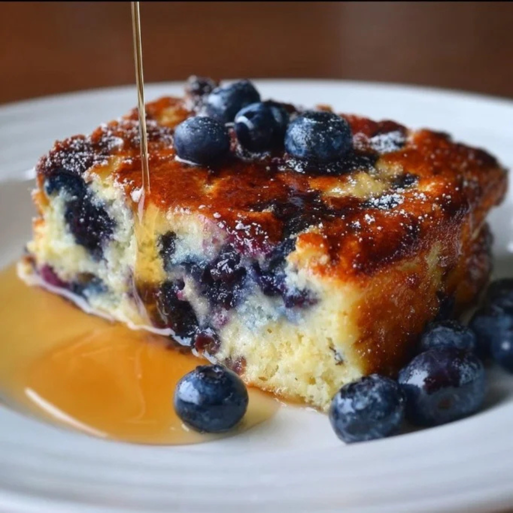 Blueberry buttermilk pancake casserole topped with fresh blueberries