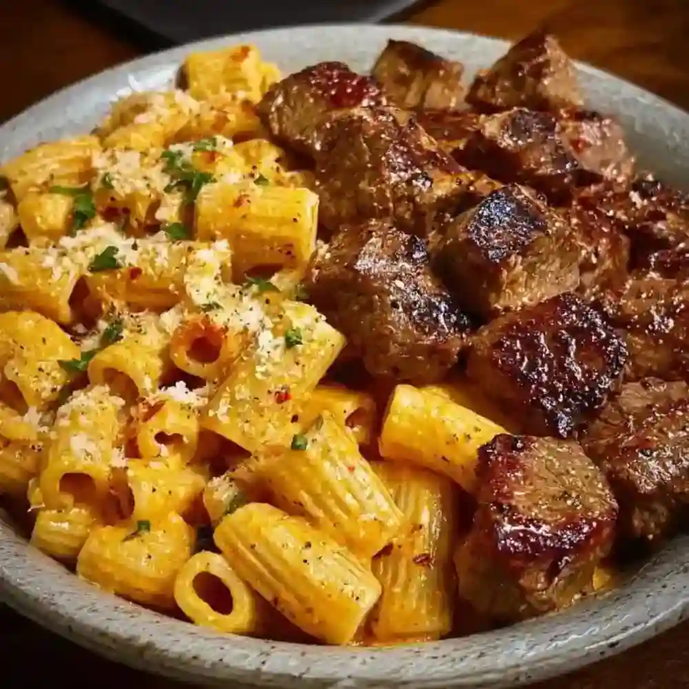 Creamy rigatoni pasta with grilled beef steak bites and parmesan cheese