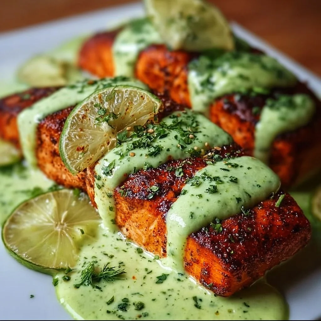 Baked Cajun Salmon garnished with Avocado Lime Sauce on a plate