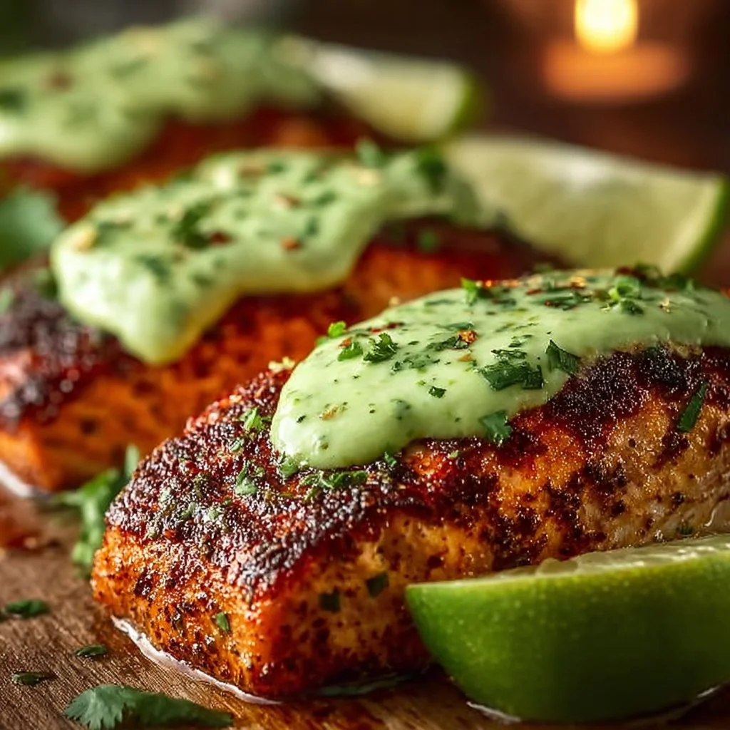 Baked Cajun Salmon with Avocado Lime Sauce