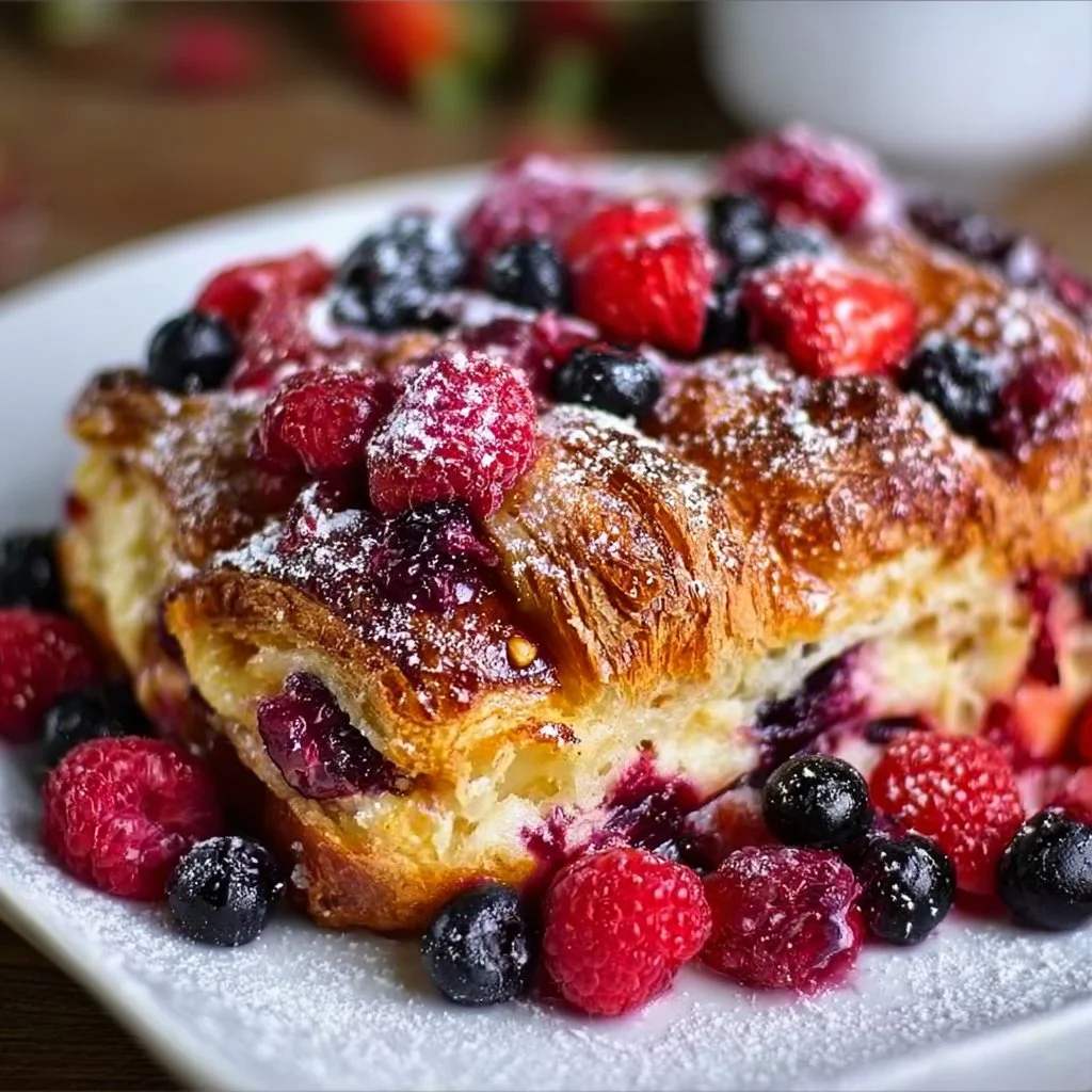 Freshly baked berry croissant with mixed berries filling