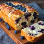 Loaf of Blueberry Cream Cheese Bread topped with fresh blueberries.