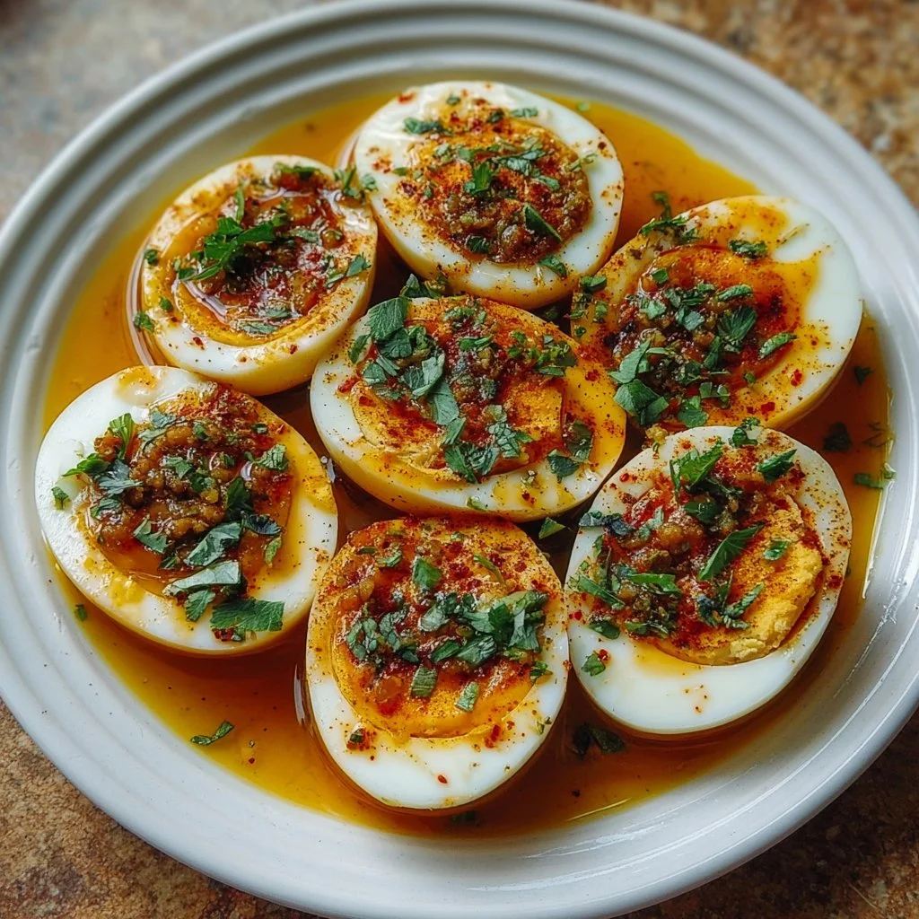 Cajun boiled eggs in spicy garlic butter sauce for a keto snack