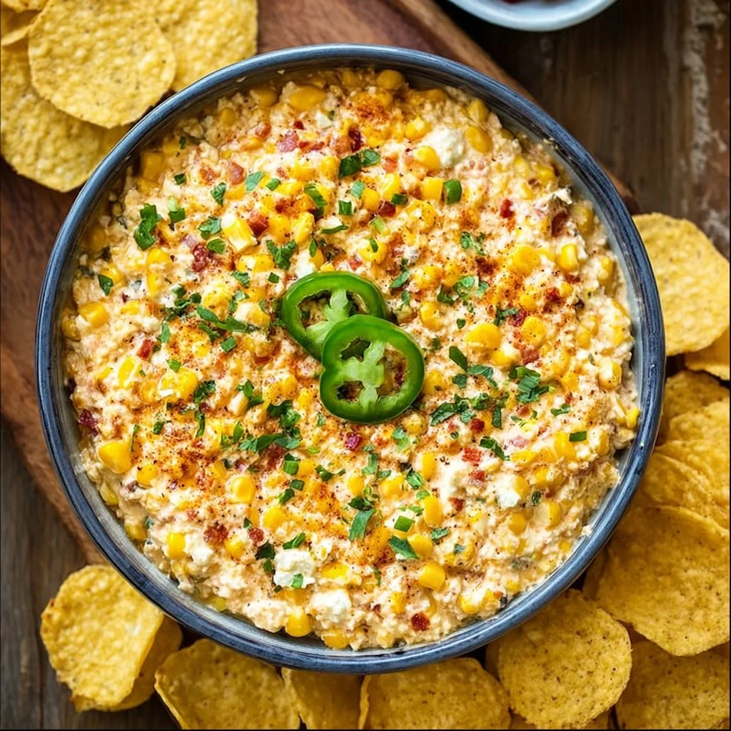 Delicious Crack Corn Dip served in a bowl, garnished with herbs.