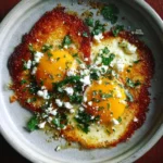 Plate of crispy feta fried eggs garnished with herbs and spices.