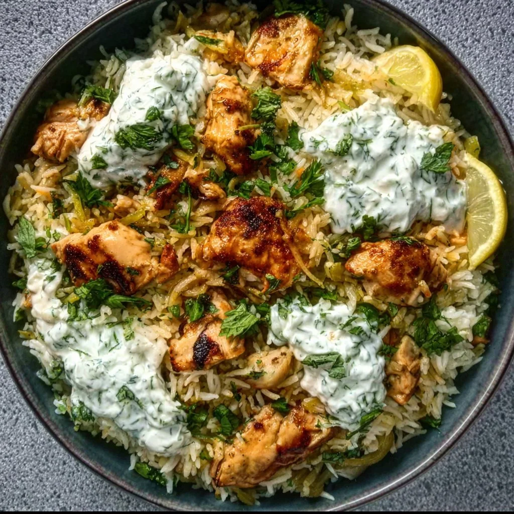 Baked chicken tzatziki rice dish served in a colorful bowl with fresh ingredients.