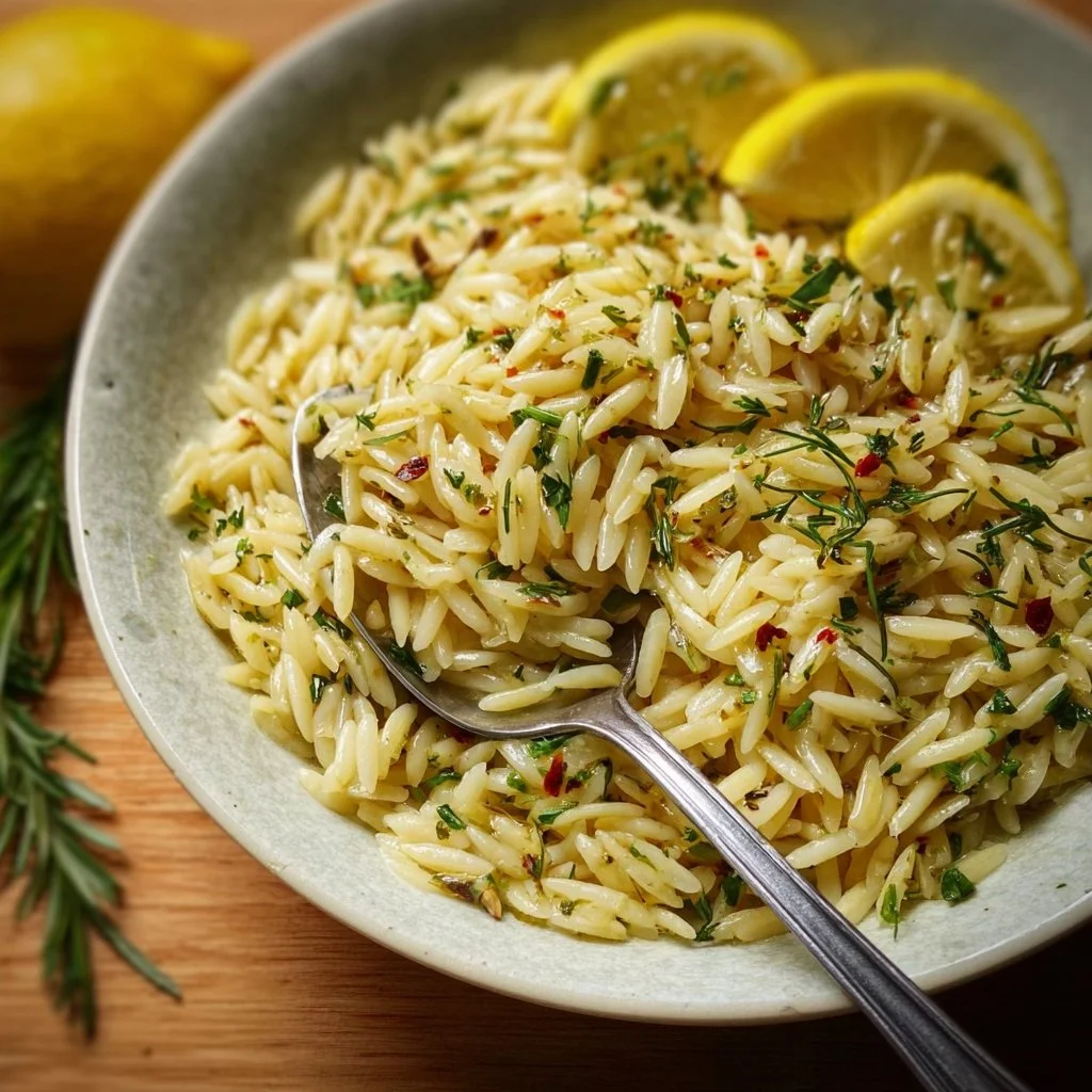 Delicious Greek orzo with lemon and herbs served in a bowl