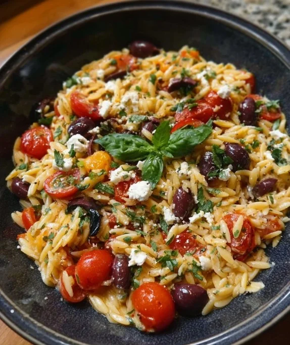 Delicious Greek Orzo with tomatoes, olives, basil, and feta cheese