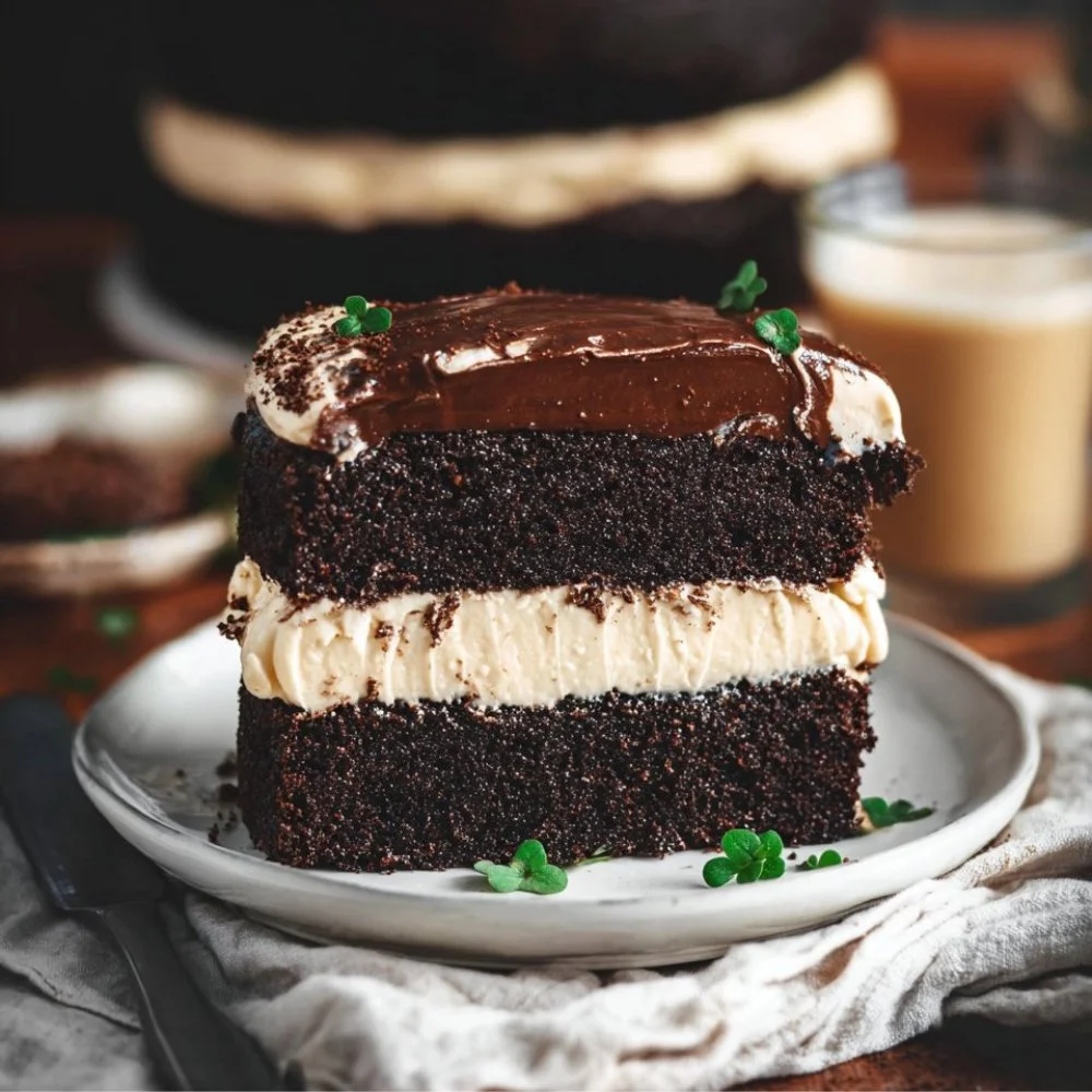 Slice of Guinness Chocolate Cake with Irish Buttercream frosting