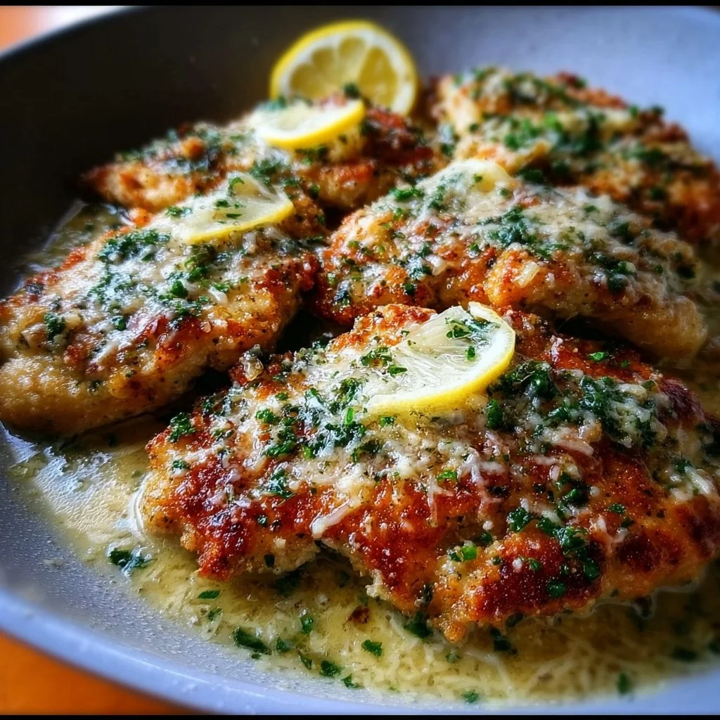 Plate of Lemon Chicken Romano with a lemon wedge and herbs