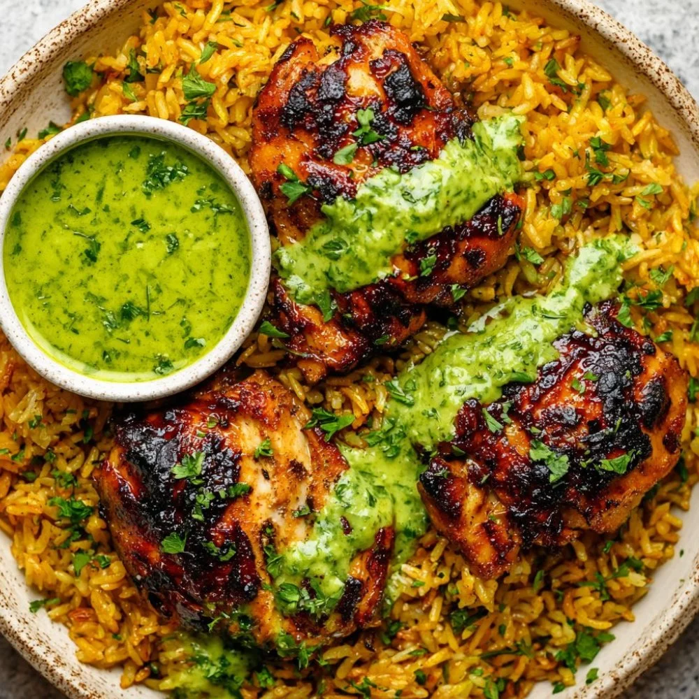 Peruvian Chicken and Rice with Green Sauce served with vibrant sides and herbs.