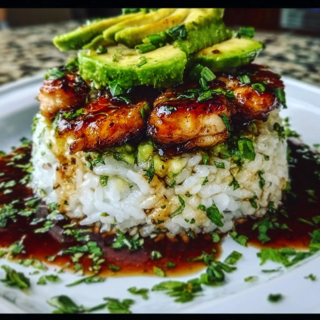 Tangy honey lime chicken served with avocado rice in a delicious stack
