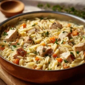 Creamy chicken pot pie orzo topped with herbs in a baking dish