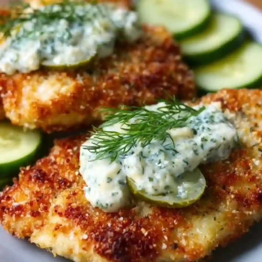 Crispy dill pickle parmesan chicken served with a side of dipping sauce.