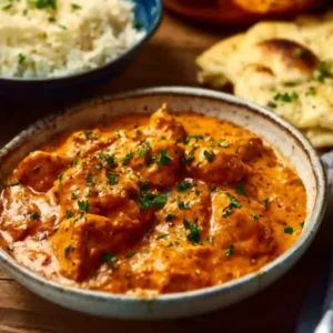 Delicious homemade butter chicken served with rice and naan bread.