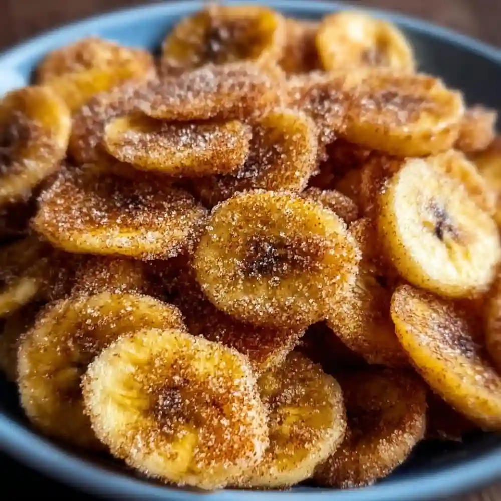 Cinnamon-sugar air fryer banana chips in a bowl, a healthy snack option.