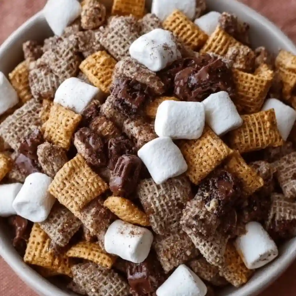 Delicious S'mores Puppy Chow mixture in a bowl, perfect for sweet snacking.