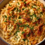 French onion chicken orzo casserole recipe with melted cheese and herbs