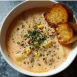 Bowl of creamy gluten-free soup garnished with fresh herbs