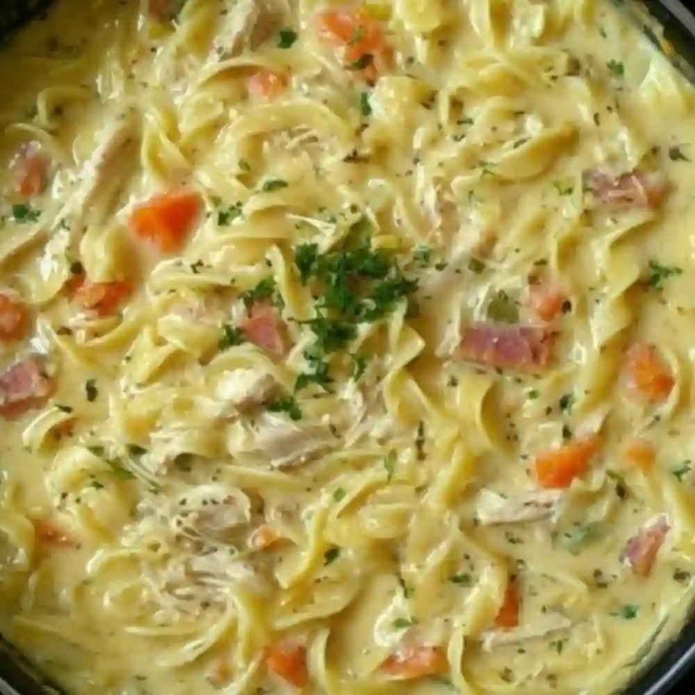 Bowl of Crack Chicken Noodle Soup with fresh herbs and noodles