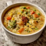 Delicious Veggie Pot Pie Soup served in a bowl with fresh vegetables