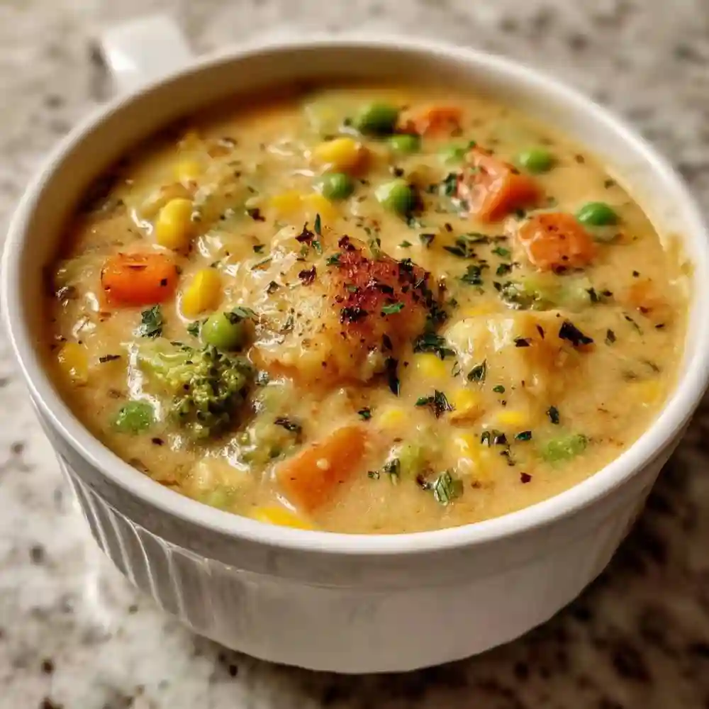 Delicious Veggie Pot Pie Soup served in a bowl with fresh vegetables