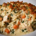 Creamy chicken pot pie orzo topped with herbs in a baking dish