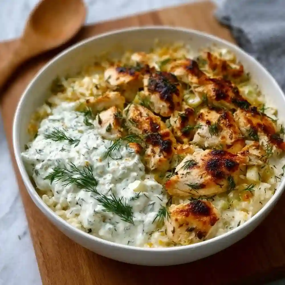 Delicious Chicken Tzatziki Casserole with fresh ingredients ready to serve.