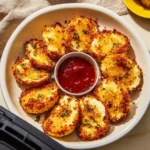 Air Fried Babybel Cheese served on a plate with a dipping sauce.