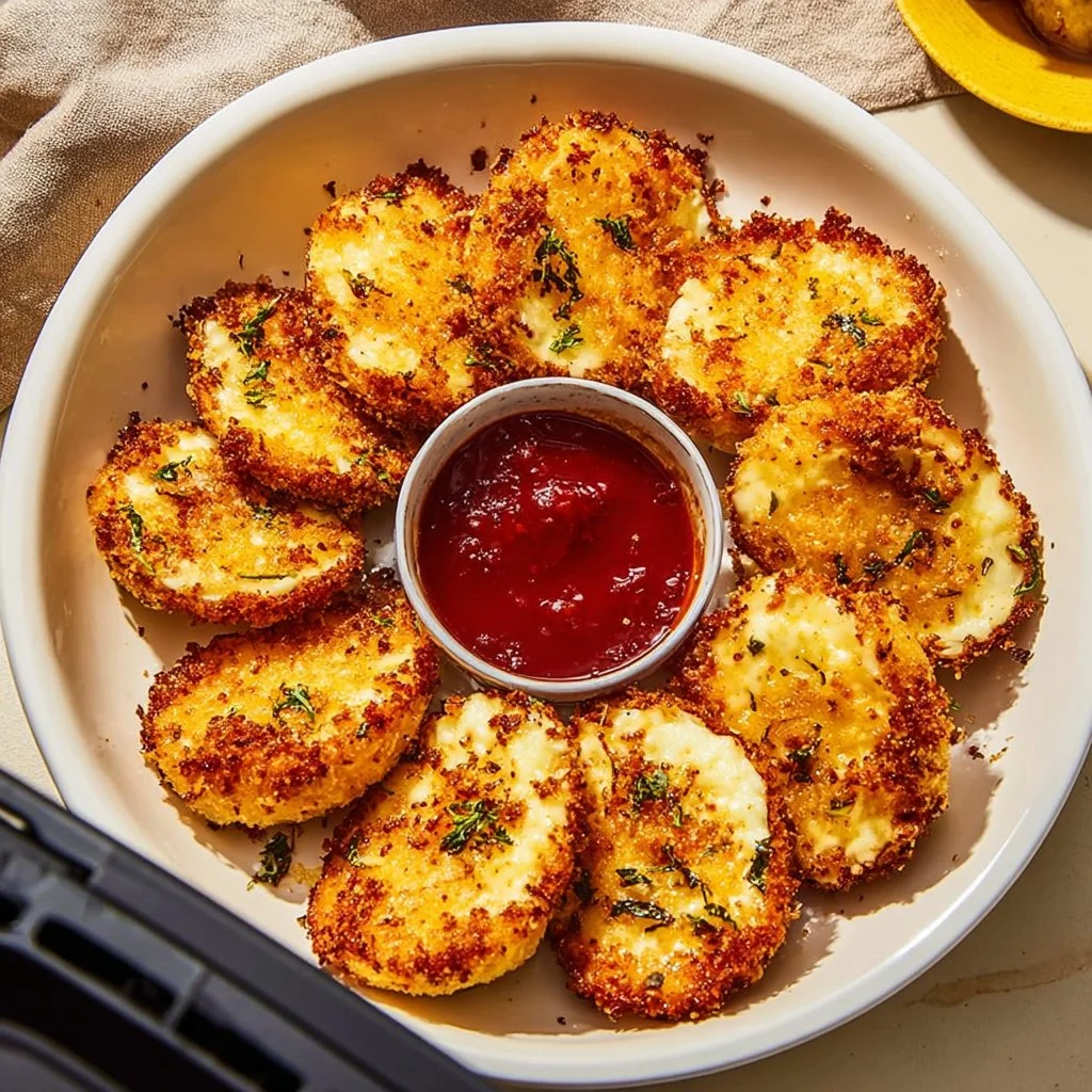 Air Fried Babybel Cheese served on a plate with a dipping sauce.