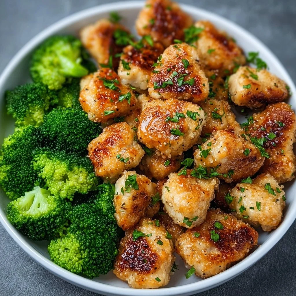 Crispy air fryer chicken bites with broccoli on a plate