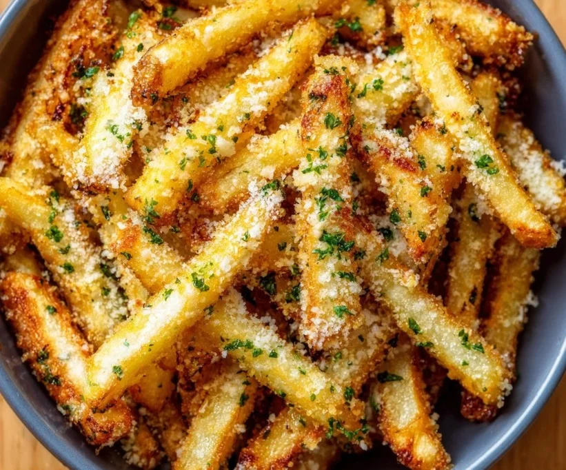 Crispy air fryer garlic parmesan fries served in a bowl