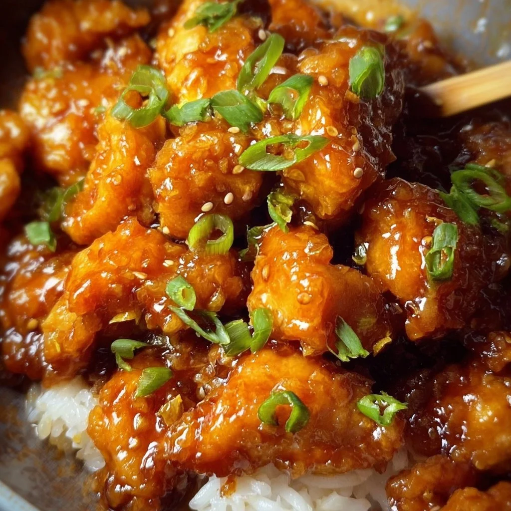 Delicious Asian Crockpot Orange Chicken garnished with green onions