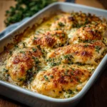 Delicious baked ranch chicken garnished with herbs and served on a plate.
