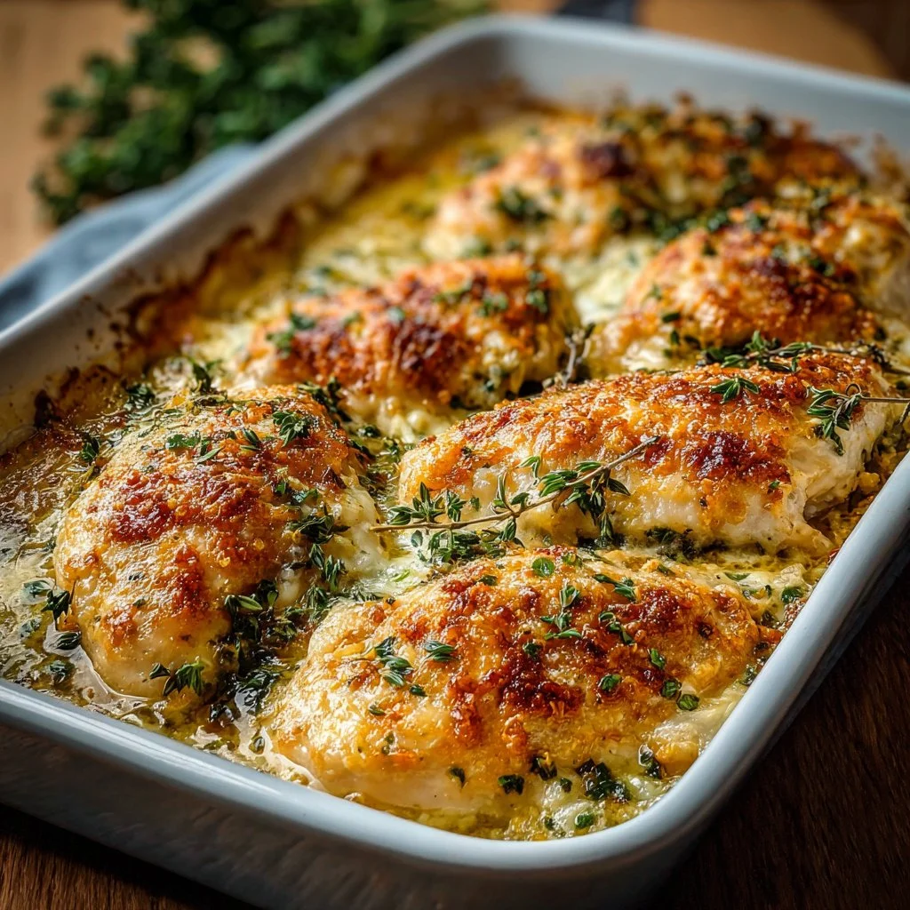 Delicious baked ranch chicken garnished with herbs and served on a plate.