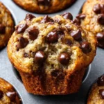 Freshly baked banana chocolate chip muffins on a cooling rack