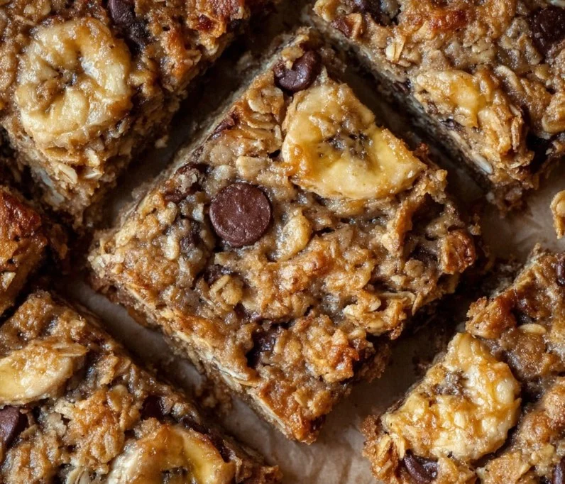 Delicious banana oatmeal bars stacked on a plate, perfect for breakfast or snacks.