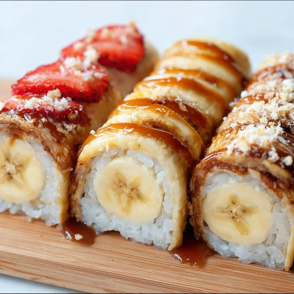 A plate of banana sushi rolls with colorful toppings and drizzles.