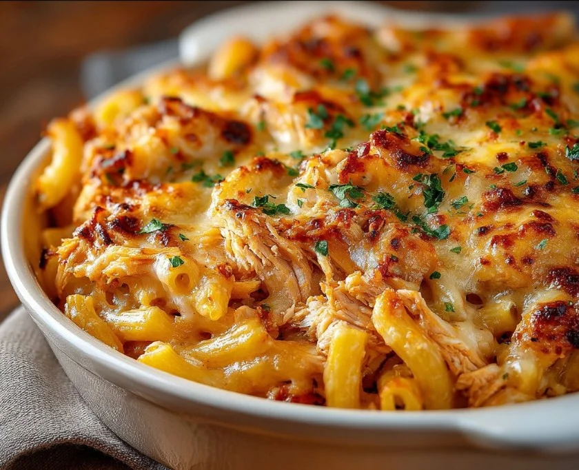 BBQ Chicken Mac and Cheese topped with crispy breadcrumbs and herbs
