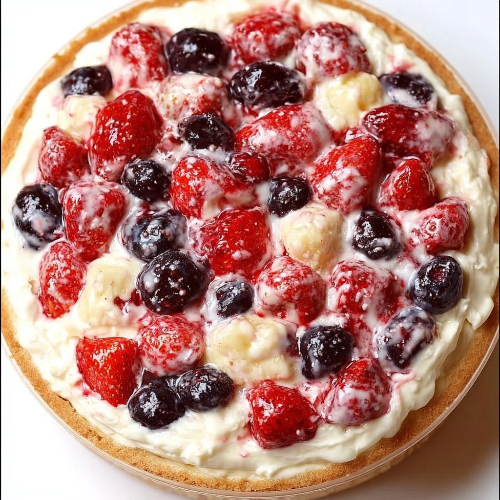 Delicious Berry Cheesecake topped with fresh berries and a drizzle of sauce.