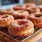 Baked cinnamon sugar donuts on a plate with a sprinkle of cinnamon