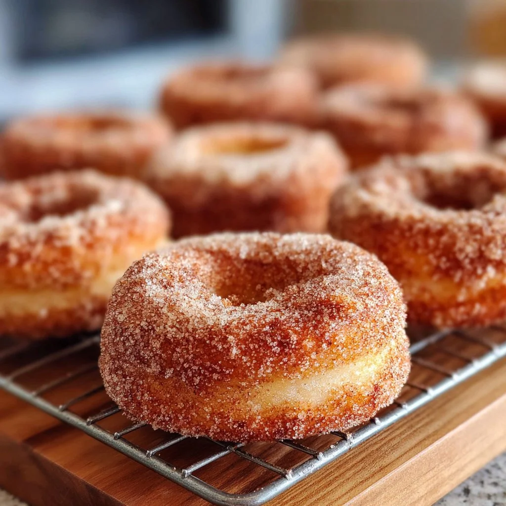 Baked cinnamon sugar donuts on a plate with a sprinkle of cinnamon