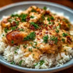 Delicious plate of smothered chicken served with rice