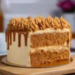 Slice of Biscoff Cookie Butter Cake topped with whipped cream