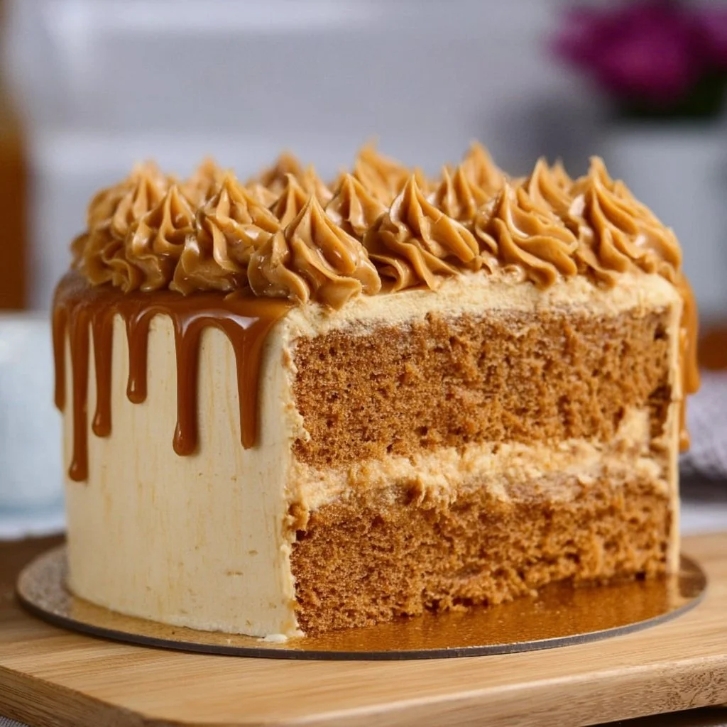 Slice of Biscoff Cookie Butter Cake topped with whipped cream