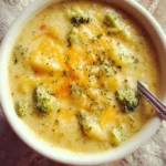Bowl of creamy broccoli potato cheese soup topped with fresh herbs.