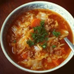 A bowl of delicious Cabbage Roll Soup garnished with herbs and spices.