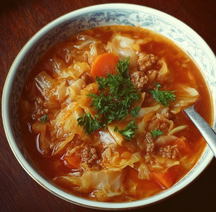 A bowl of delicious Cabbage Roll Soup garnished with herbs and spices.